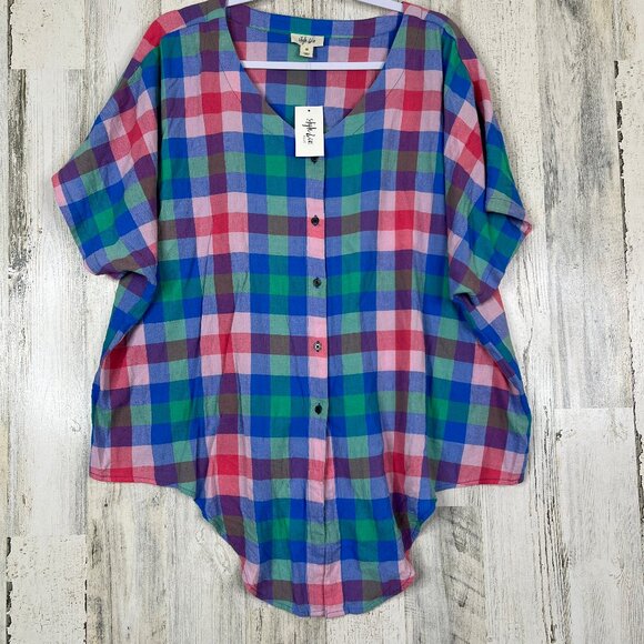 NWT Style&Co Plus 2X Plaid Button Down Shirt Multicolor Short Sleeve Casual Top - Picture 2 of 10